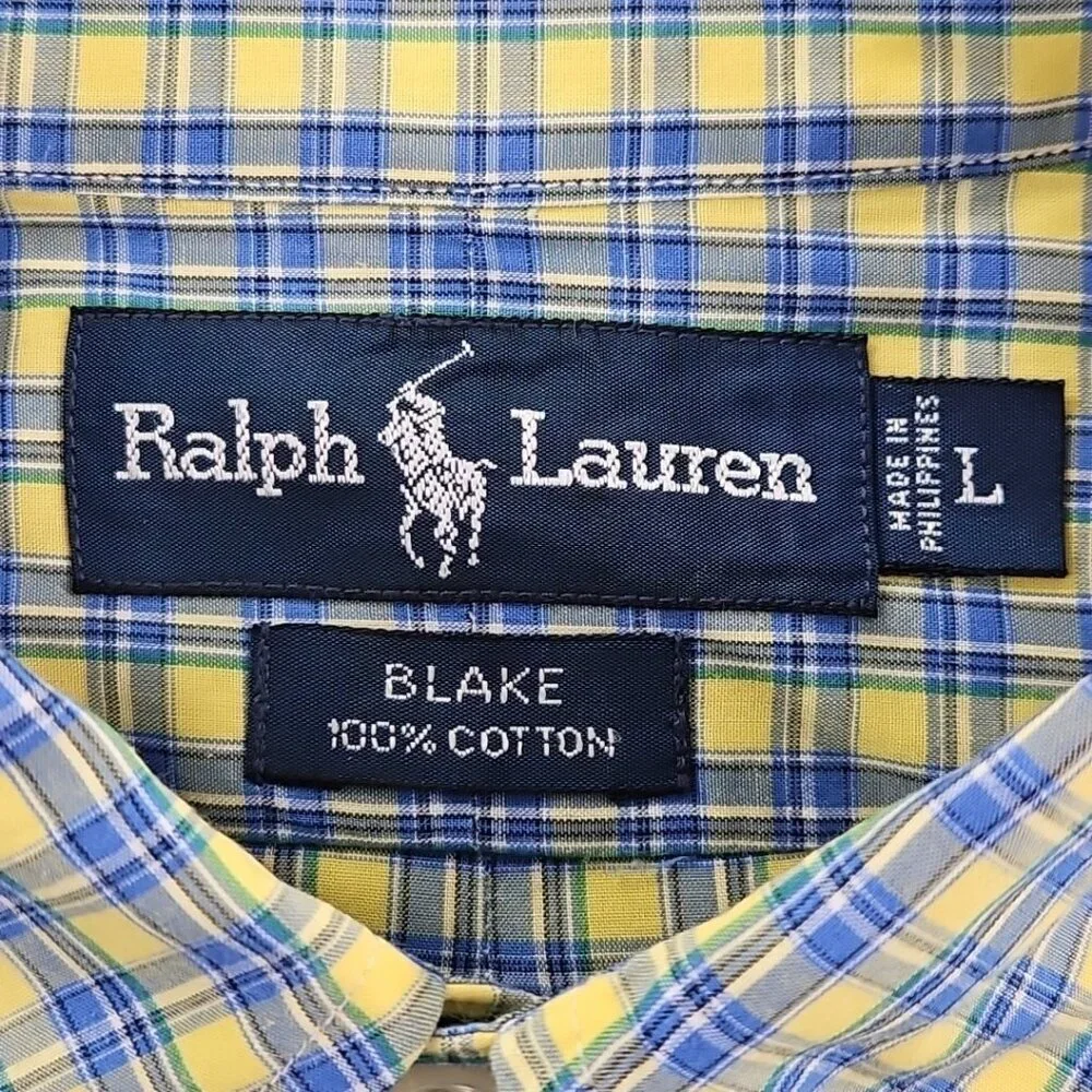 Ralph‎ Lauren Blake Shirt Men's L Yellow Blue Check 100% Cotton EUC Classic LS